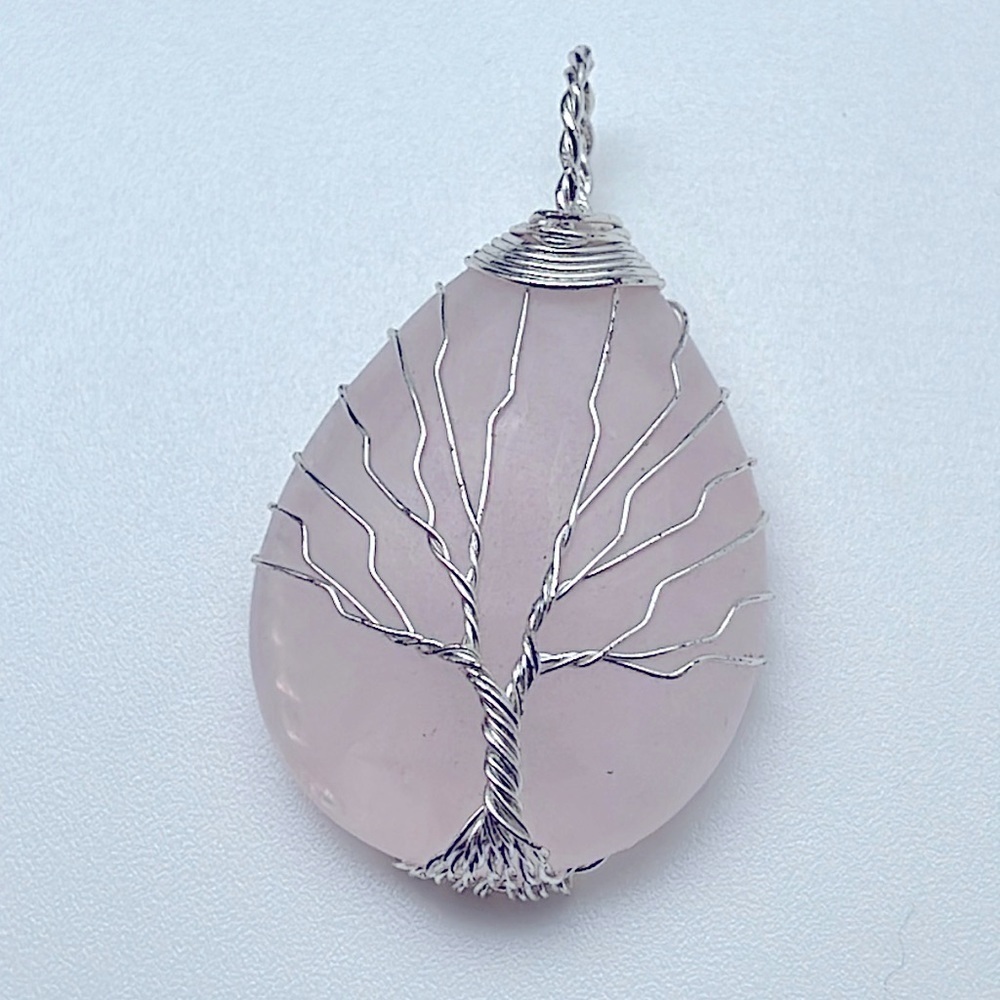 NEW Tree of Life natural stone Rose Quartz and Silver tear drip necklace